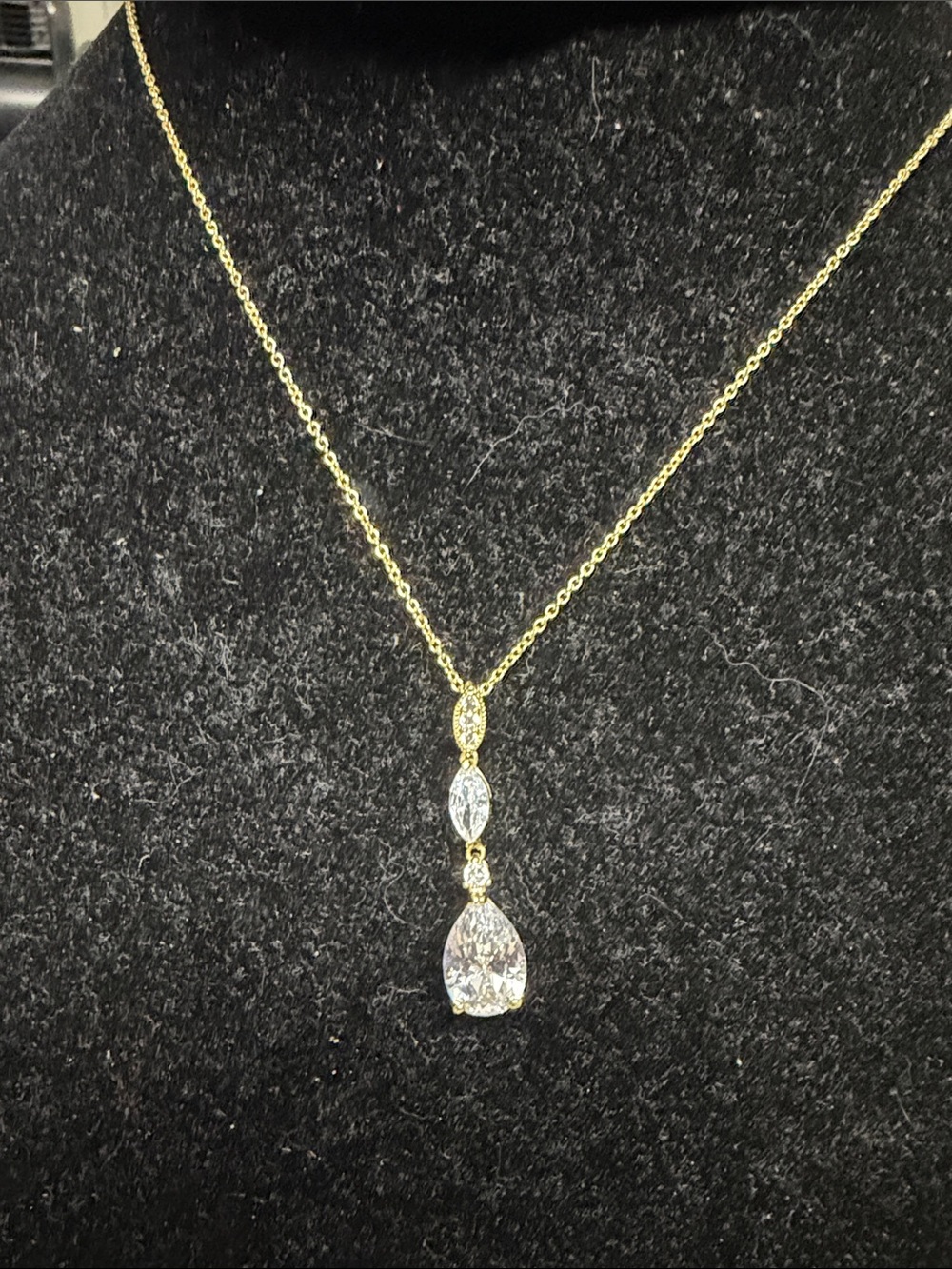 Mariell Gold Tone Teardrop Pendant Necklace with Clear Stones 22”